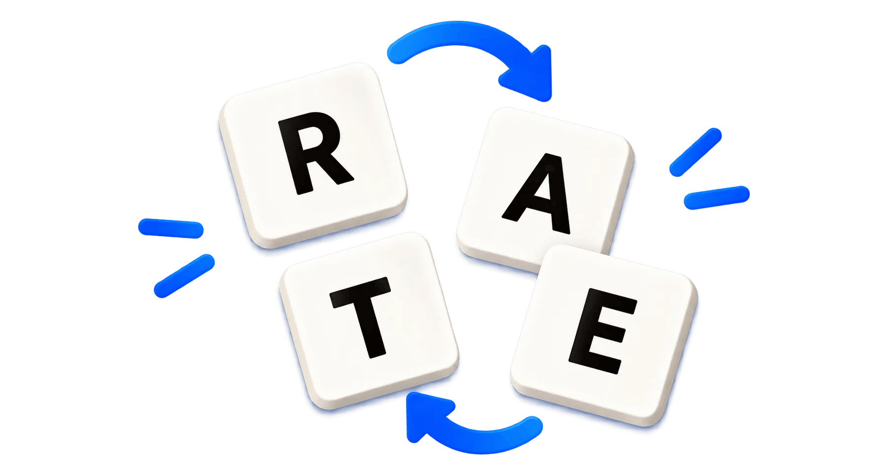 Four letter tiles reading R, A, T and E, with arrows curving between them, trading places.