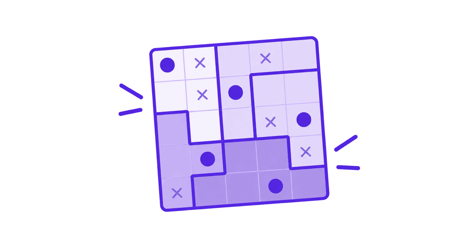 A tilted grid cut into violet regions of different shades by thick borders, with one dot in each region and crosses on the squares those dots rule out.