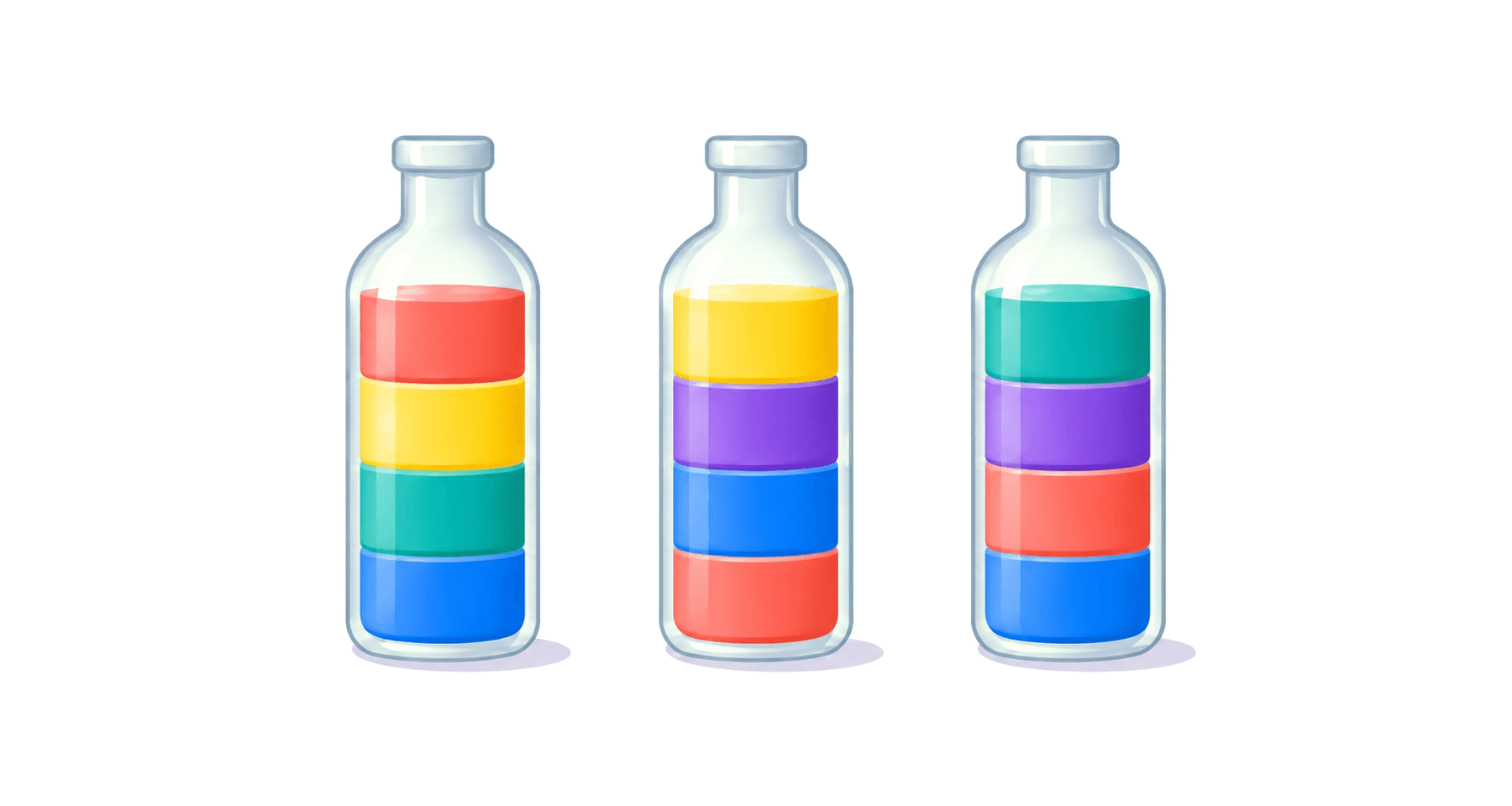 Three glass bottles, each holding four bands of coloured liquid stacked in a different order.