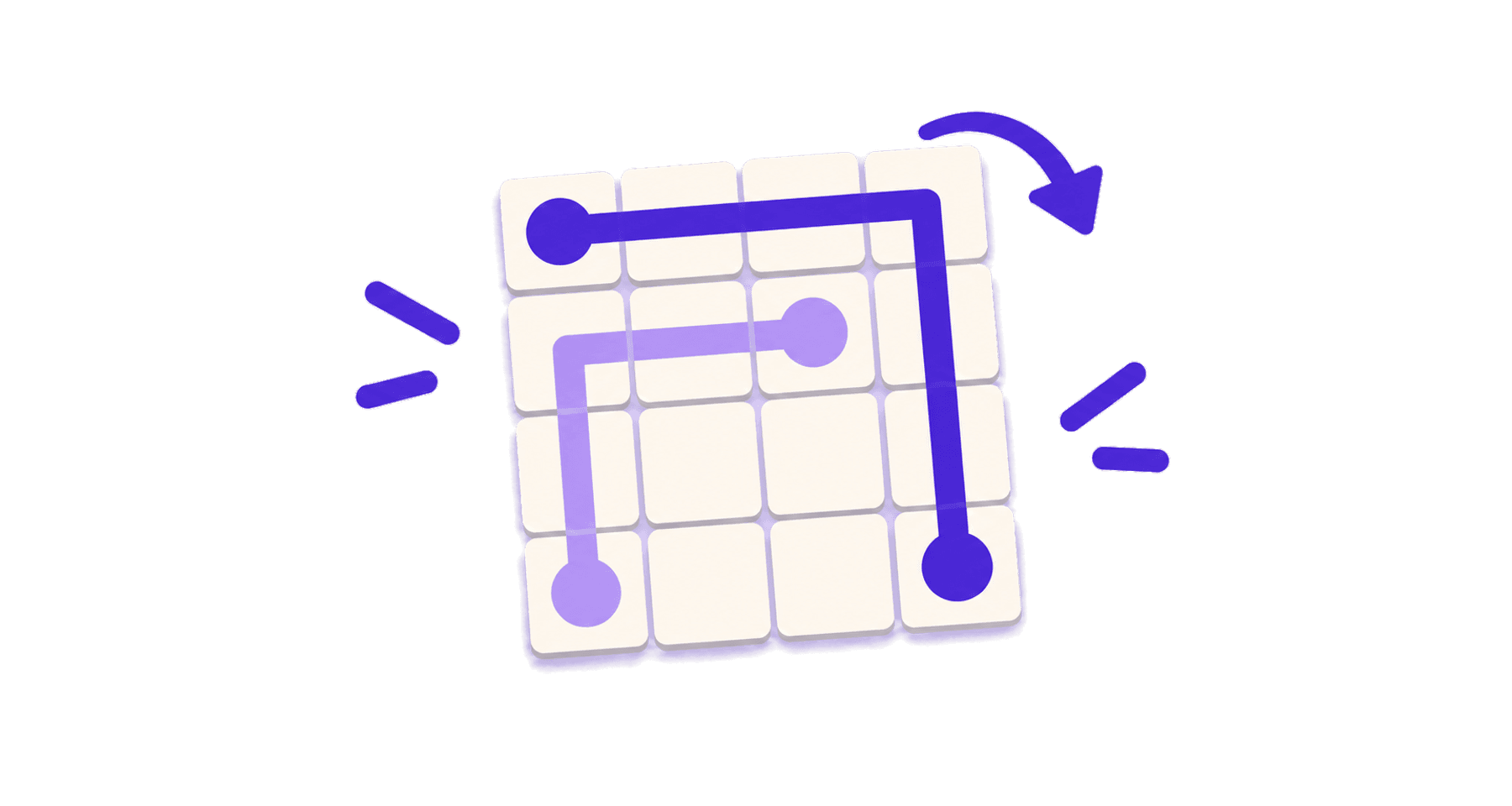 Two purple paths on a grid of cream tiles, each joining a pair of matching dots without crossing the other.